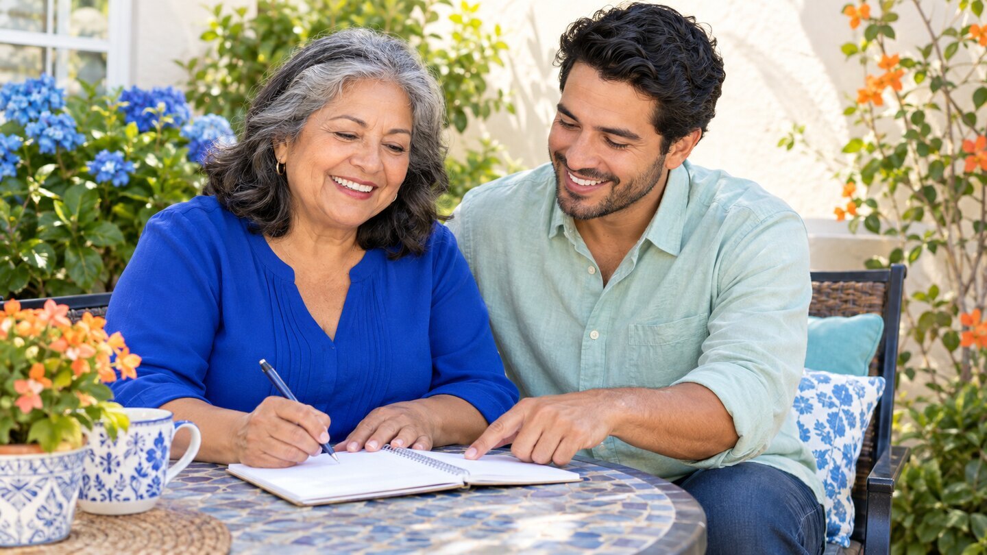 Older parent and adult child making a question list.