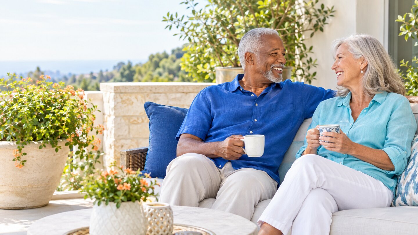 Upbeat older couple discussing their next chapter outdoors.
