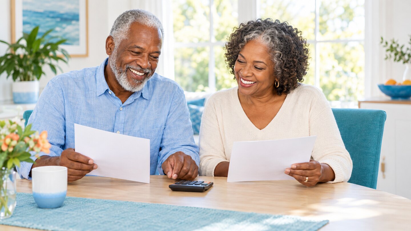 Older couple comparing blank papers beside a calculator.