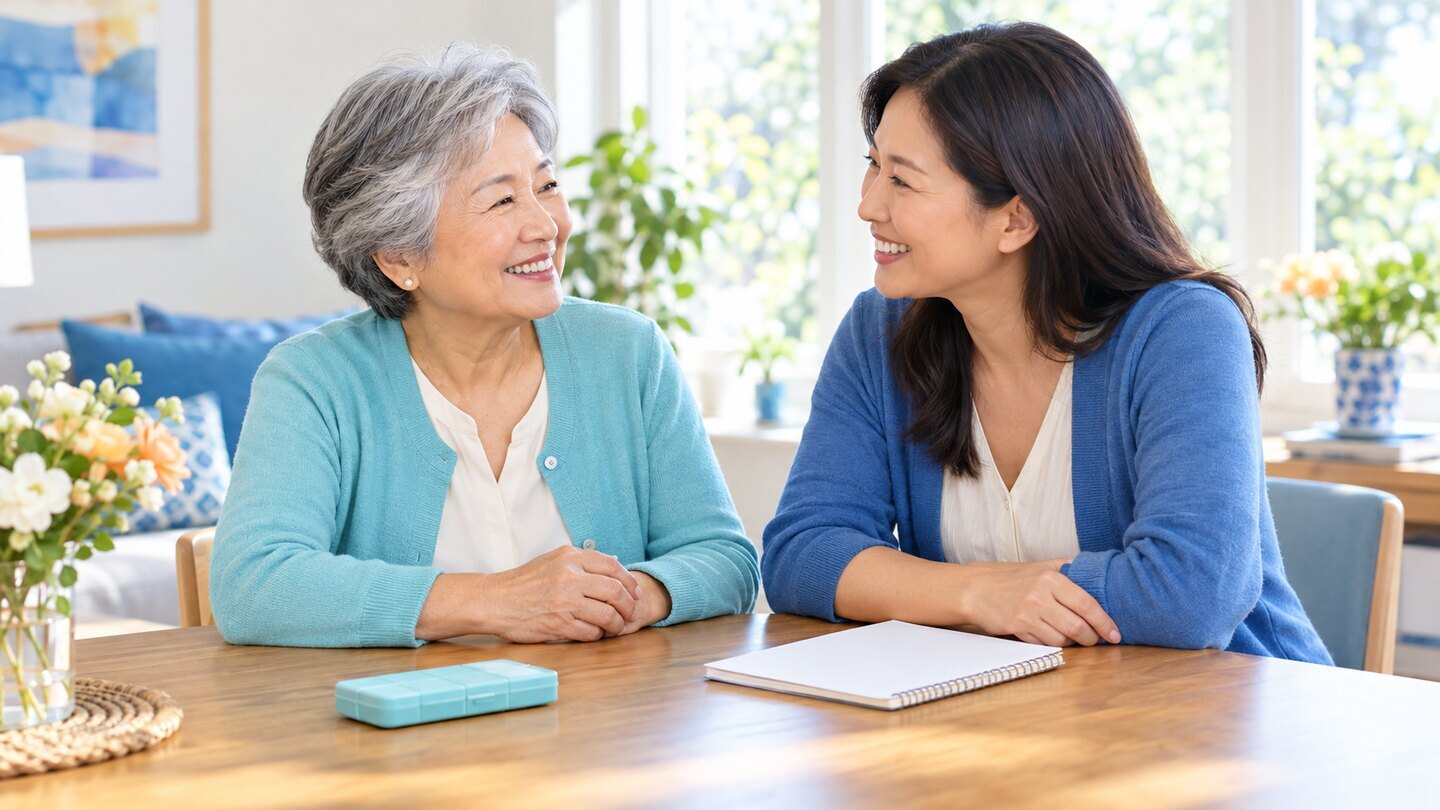 Two adult family members preparing everyday prescription questions.
