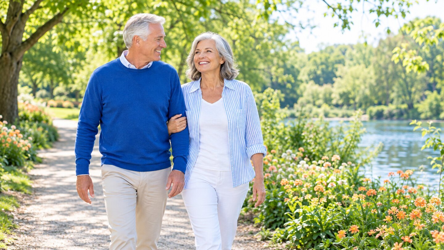 Older couple enjoying a sunny walk through a park.