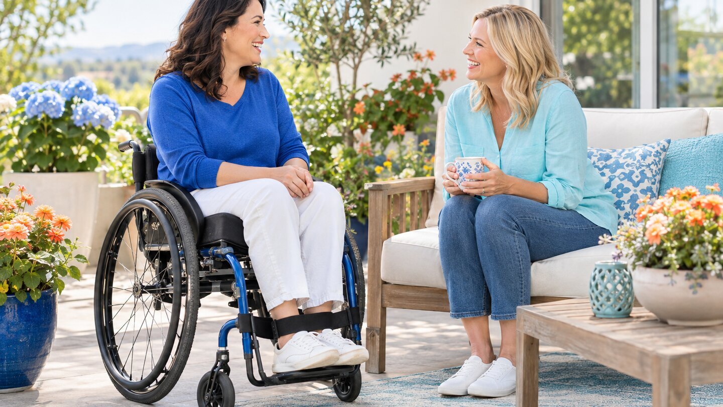 Adult wheelchair user enjoying a friendly patio conversation.